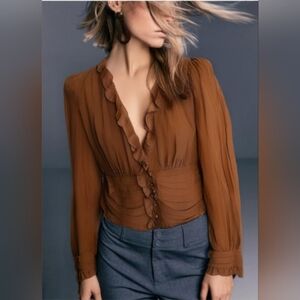 NWT Free People We The Free Victoria Brown Chiffon Blouse